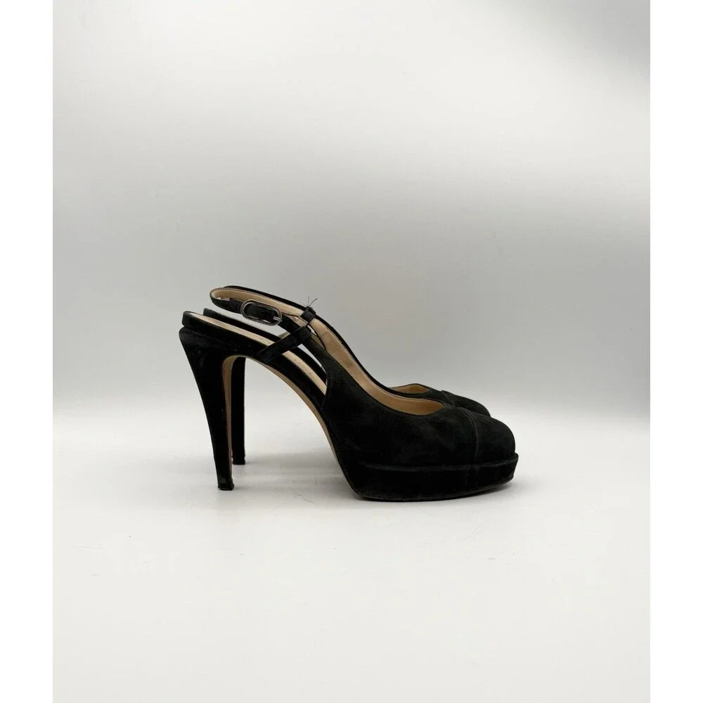 Chanel Black Suede Slingback Platform Cap Toe Heels Silver CC Logo Size EU 37.5